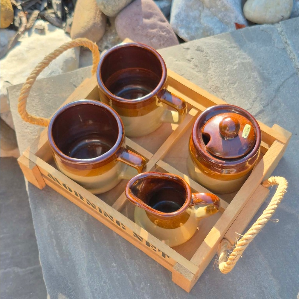 Vintage Brown Drip Glaze Morning Set Coffee Mugs Crate
